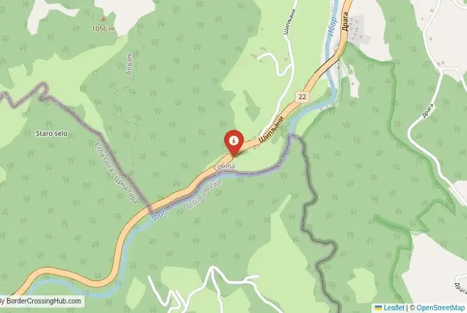 Close-up map showing a border crossing point with marker at the selected land port of entry between Montenegro and Serbia