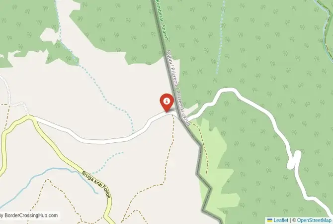 Close-up map showing a border crossing point with marker at the selected land port of entry between Albania and Kosovo