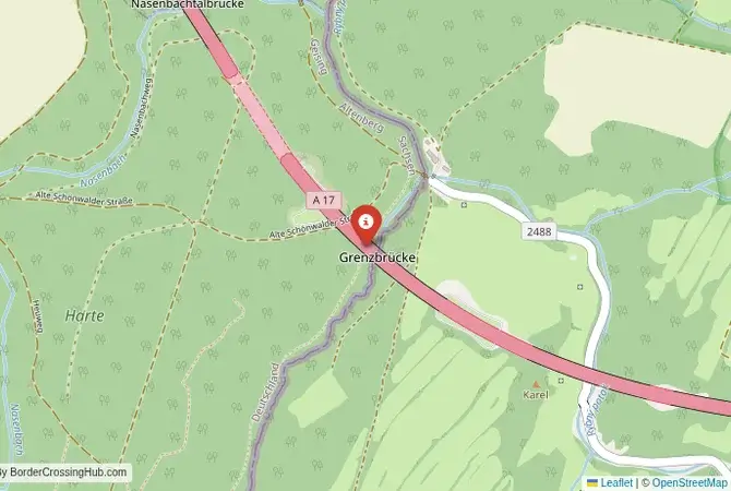 Close-up map showing a border crossing point with marker at the selected land port of entry between Germany and Czech Republic