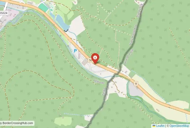 Close-up map showing a border crossing point with marker at the selected land port of entry between Slovakia and Czechia