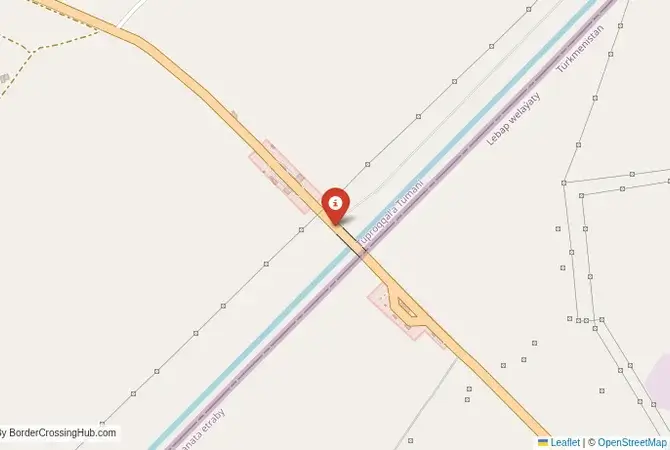 Close-up map showing a border crossing point with marker at the selected land port of entry between Turkmenistan and Uzbekistan