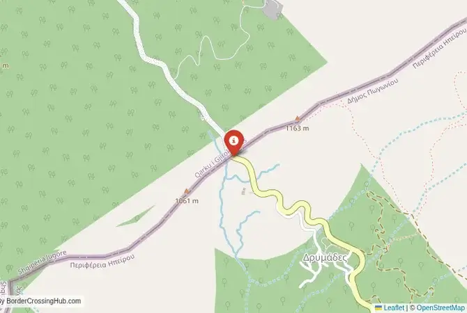 Close-up map showing a border crossing point with marker at the selected land port of entry between Albania and Greece