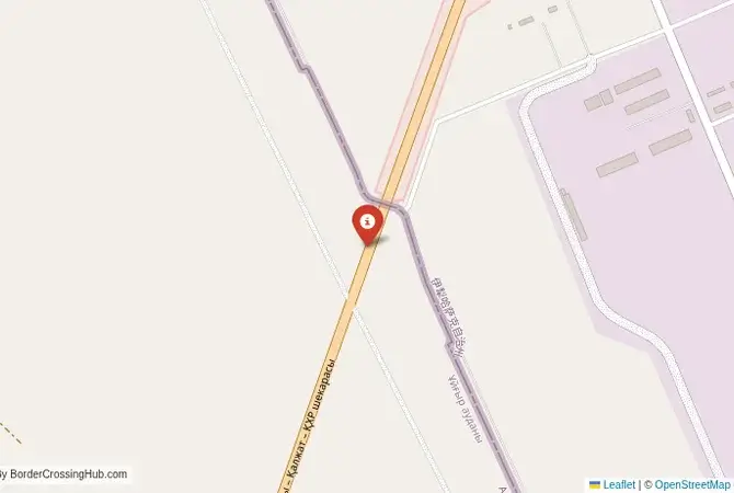 Close-up map showing a border crossing point with marker at the selected land port of entry between Kazakhstan and China