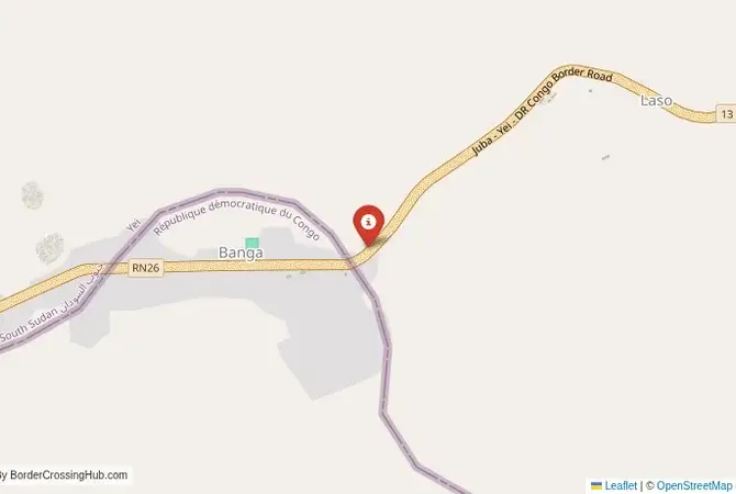 Close-up map showing a border crossing point with marker at the selected land port of entry between South Sudan and DR Congo