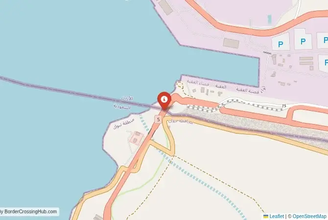Close-up map showing a border crossing point with marker at the selected land port of entry between Jordan and Saudi Arabia