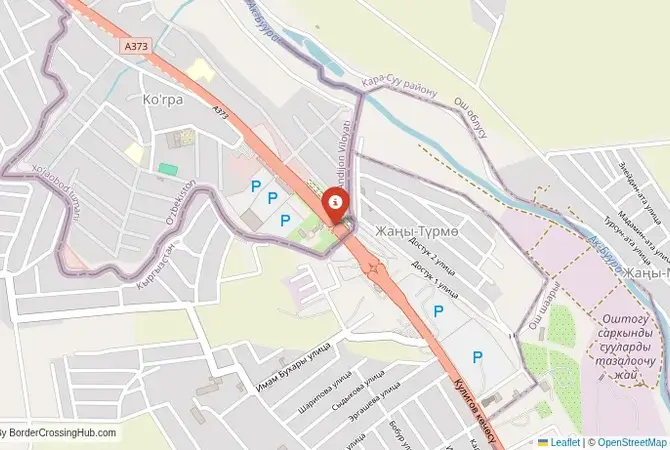 Close-up map showing a border crossing point with marker at the selected land port of entry between Uzbekistan and Kyrgyzstan