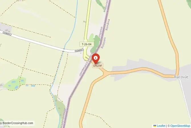 Close-up map showing a border crossing point with marker at the selected land port of entry between Ukraine and Romania