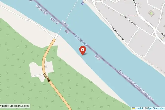 Close-up map showing a border crossing point with marker at the selected land port of entry between China and Russia