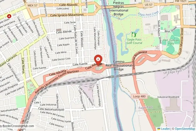 Close-up map showing a border crossing point with marker at the selected land port of entry between United States and Mexico