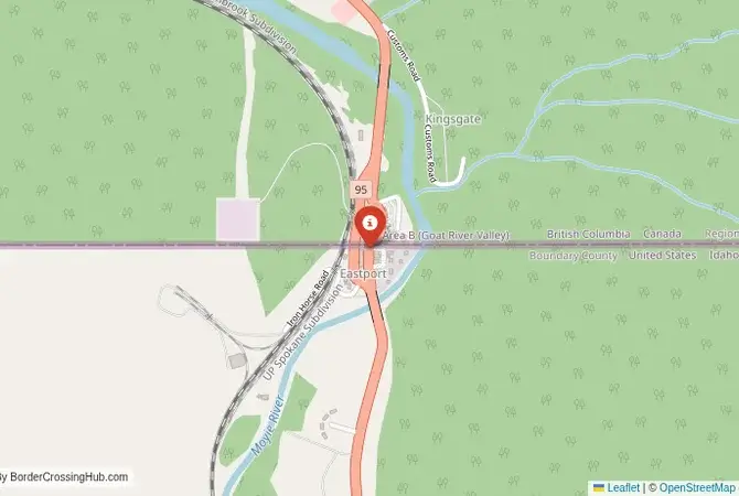 Close-up map showing a border crossing point with marker at the selected land port of entry between United States and Canada