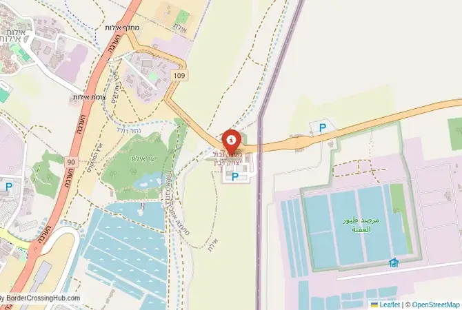 Close-up map showing a border crossing point with marker at the selected land port of entry between Jordan and Israel