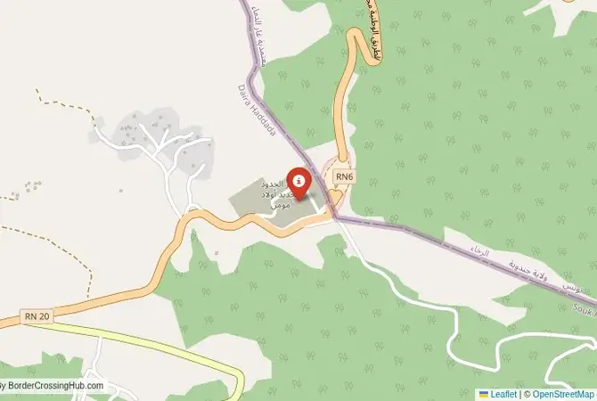 Close-up map showing a border crossing point with marker at the selected land port of entry between Algeria and Tunisia