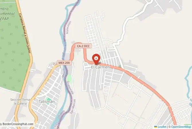 Close-up map showing a border crossing point with marker at the selected land port of entry between Mexico and Guatemala