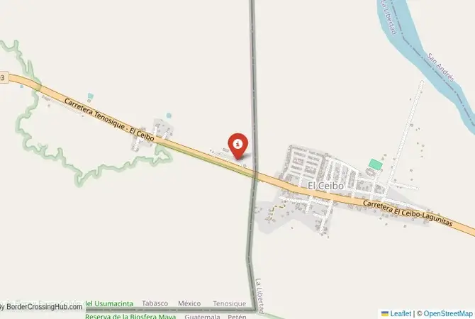 Close-up map showing a border crossing point with marker at the selected land port of entry between Mexico and Guatemala