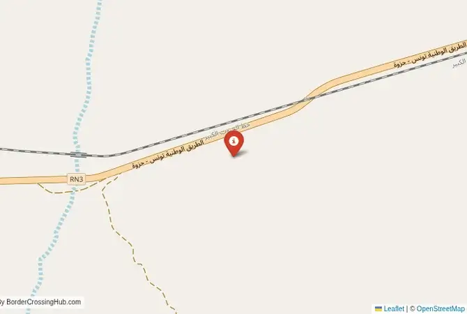 Close-up map showing a border crossing point with marker at the selected land port of entry between Algeria and Tunisia