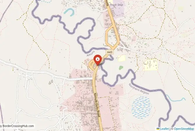 Close-up map showing a border crossing point with marker at the selected land port of entry between South Sudan and Uganda