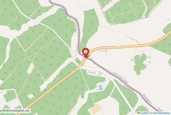 Close-up map showing a border crossing point with marker at the selected land port of entry between South Africa and Eswatini