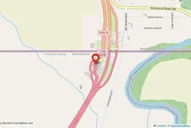 Close-up map showing a border crossing point with marker at the selected land port of entry between United States and Canada
