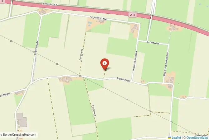 Close-up map showing a border crossing point with marker at the selected land port of entry between Netherlands and Germany