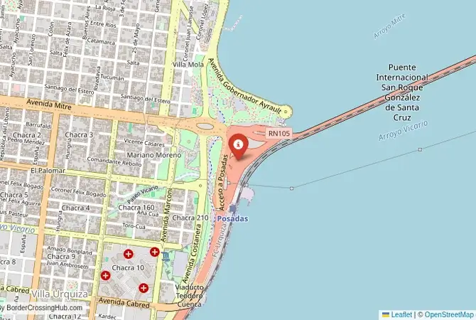 Close-up map showing a border crossing point with marker at the selected land port of entry between Argentina and Paraguay
