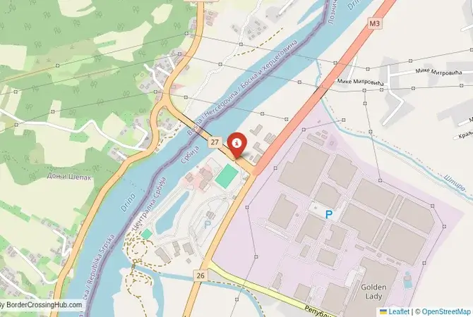 Close-up map showing a border crossing point with marker at the selected land port of entry between Bosnia and Herzegovina and Serbia