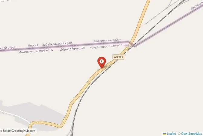 Close-up map showing a border crossing point with marker at the selected land port of entry between Mongolia and Russia