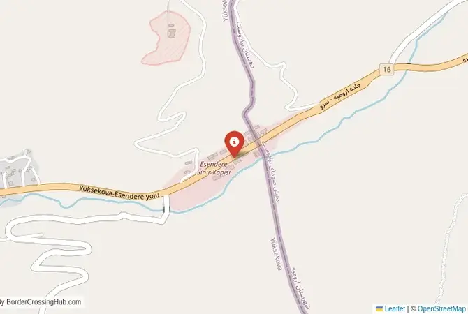 Close-up map showing a border crossing point with marker at the selected land port of entry between Turkey and Iran