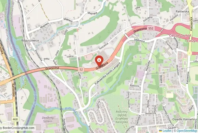 Close-up map showing a border crossing point with marker at the selected land port of entry between Poland and Czech Republic