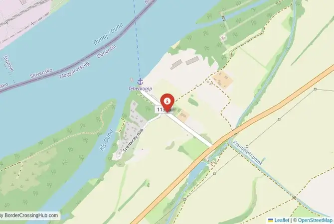 Close-up map showing a border crossing point with marker at the selected land port of entry between Slovakia and Hungary