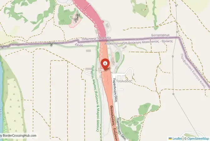 Close-up map showing a border crossing point with marker at the selected land port of entry between Greece and North Macedonia