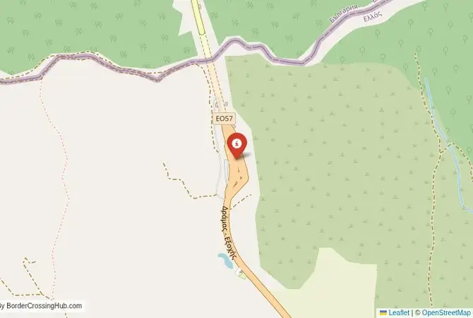 Close-up map showing a border crossing point with marker at the selected land port of entry between Bulgaria and Greece