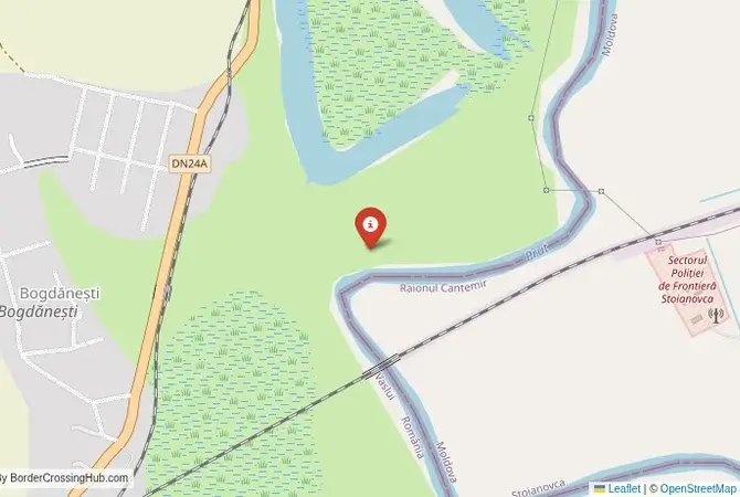 Close-up map showing a border crossing point with marker at the selected land port of entry between Moldova and Romania