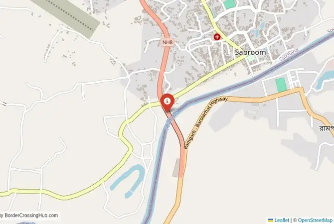 Close-up map showing a border crossing point with marker at the selected land port of entry between Bangladesh and India