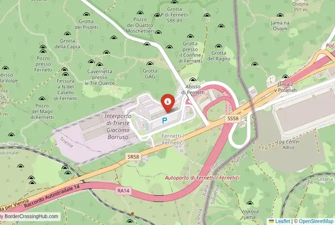 Close-up map showing a border crossing point with marker at the selected land port of entry between Slovenia and Italy
