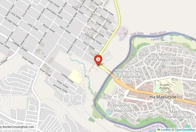 Close-up map showing a border crossing point with marker at the selected land port of entry between South Africa and Lesotho