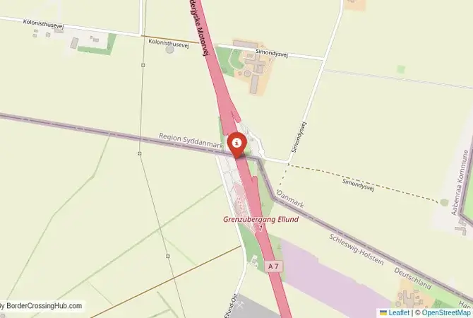 Close-up map showing a border crossing point with marker at the selected land port of entry between Germany and Denmark