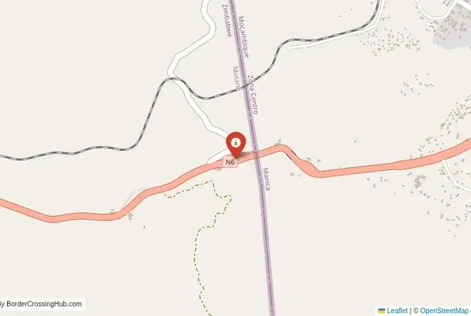 Close-up map showing a border crossing point with marker at the selected land port of entry between Zimbabwe and Mozambique