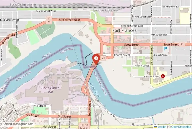 Close-up map showing a border crossing point with marker at the selected land port of entry between United States and Canada