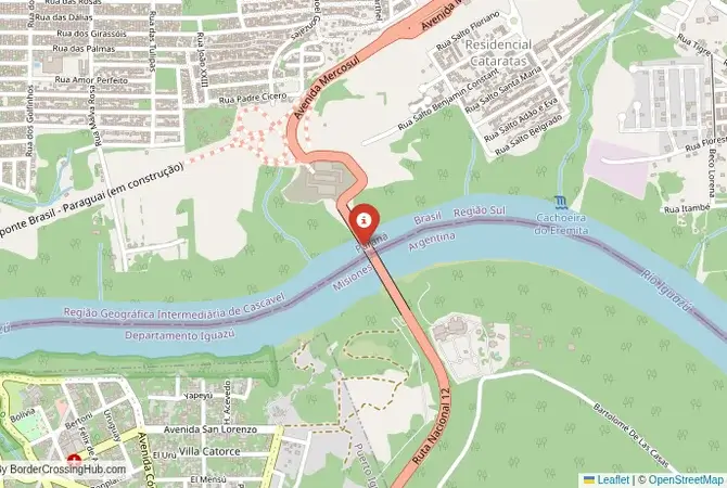 Close-up map showing a border crossing point with marker at the selected land port of entry between Brazil and Argentina