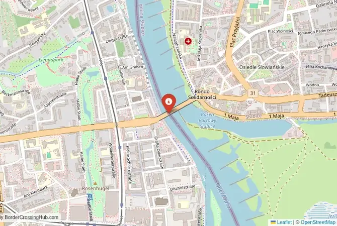 Close-up map showing a border crossing point with marker at the selected land port of entry between Germany and Poland