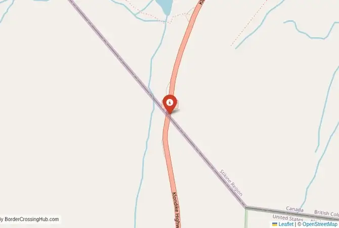 Close-up map showing a border crossing point with marker at the selected land port of entry between United States and Canada