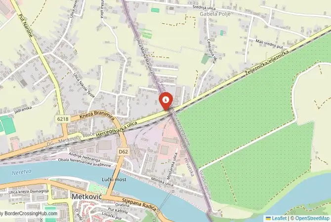 Close-up map showing a border crossing point with marker at the selected land port of entry between Bosnia and Herzegovina and Croatia