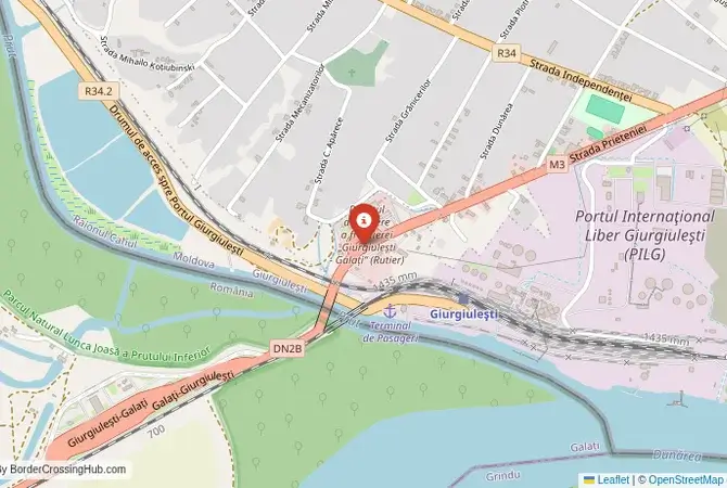 Close-up map showing a border crossing point with marker at the selected land port of entry between Moldova and Romania
