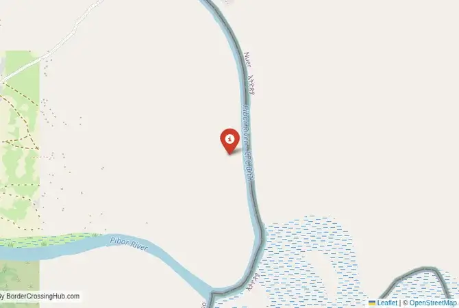 Close-up map showing a border crossing point with marker at the selected land port of entry between South Sudan and Ethiopia