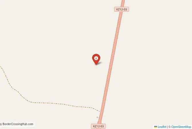 Close-up map showing a border crossing point with marker at the selected land port of entry between Turkmenistan and Kazakhstan