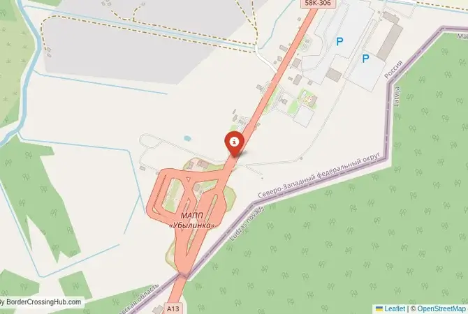 Close-up map showing a border crossing point with marker at the selected land port of entry between Russia and Latvia