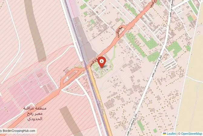 Close-up map showing a border crossing point with marker at the selected land port of entry between Egypt and Gaza Strip