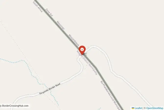 Close-up map showing a border crossing point with marker at the selected land port of entry between Mozambique and South Africa