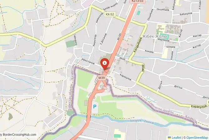 Close-up map showing a border crossing point with marker at the selected land port of entry between Uzbekistan and Kazakhstan