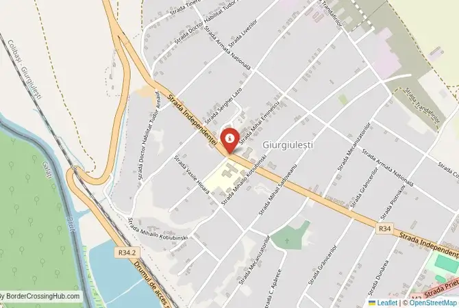 Close-up map showing a border crossing point with marker at the selected land port of entry between Moldova and Ukraine